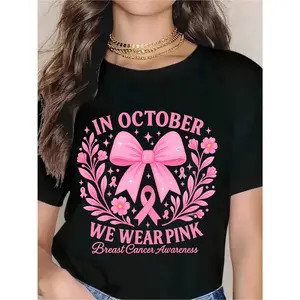 In October We Wear Pink T-Shirt, Breast Cancer Awareness Digital Download, Pink Ribbon Clipart, Halloween Ghost Design, Coquette Retro Art, C...