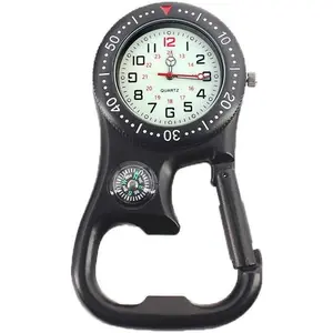 Men Women Luminous FOB Pocket Watch with Compass Corkscrew Carabiner Clip for Outdoor Adventure