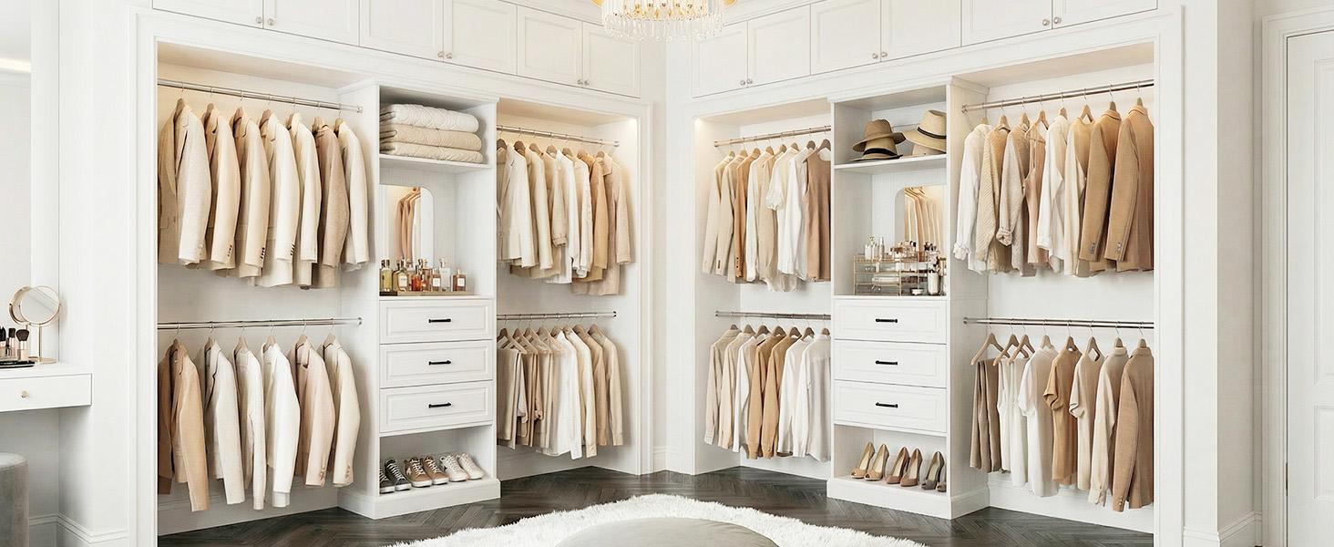 Unikito Closet System, 4FT - 9FT Closet Organizer with Mirror, Luxury Walk in Closet Insert with Drawers and 4 Hanging Rods, Sturdy Wood Wardrobe Closet Garment Rack with 25” Tower Unikito Closet System, 4FT - 9FT Closet Organizer with Mirror, Luxury Walk in Closet Insert with Drawers and 4 Hanging Rods, Sturdy Wood Wardrobe Closet Garment Rack with 25” Tower