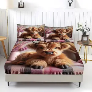 3Pcs Highland Calf Plush Fitted Sheet Set,  Light Brown  Design with Big Blue Eyes Bedding Set, Perfect for Cozy Home Decor, Charming and Whimsical Style.
