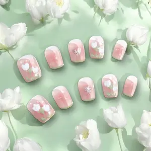 Anggie’s Nails/ Tulip Drip Handmade Press-On Green French Tip/ White Tulip with 3D Dainty / Nail Art Nail Care