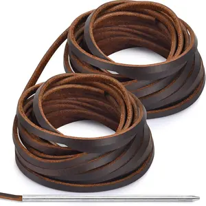 10 Yards Flat Genuine Leather Laces, Leather Strips Cord, Full Grain Cowhide Straps String for Braided, Braiding, Shoes, Jewelry Making and Craft (4MM_Dark Brown_1 Lacing Needle)