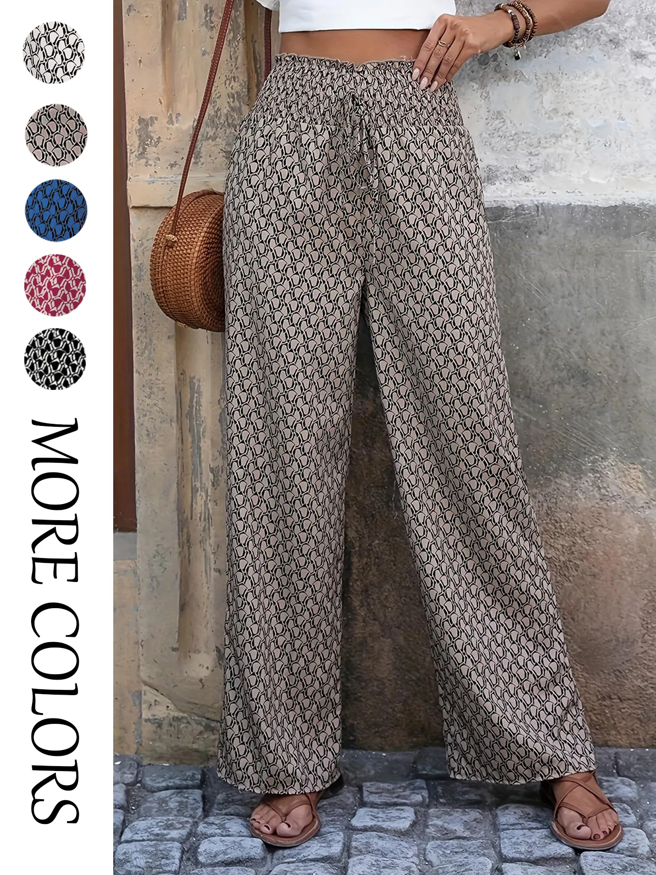 Women's All Over Print Frill Shirred Adjustable Drawstring Wide Leg Loose Woven Casual Boho Style Fit Pants, Elegant Chic Aesthetic Colorblock Trousers for Daily Wear, Ladies Bottoms for All Seasons