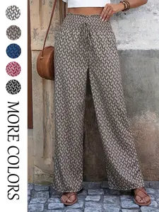 Women's All Over Print Frill Shirred Wide Leg Woven Pants, Elegant Chic Colorblock Trousers for Daily Wear, Ladies Bottoms for All Seasons