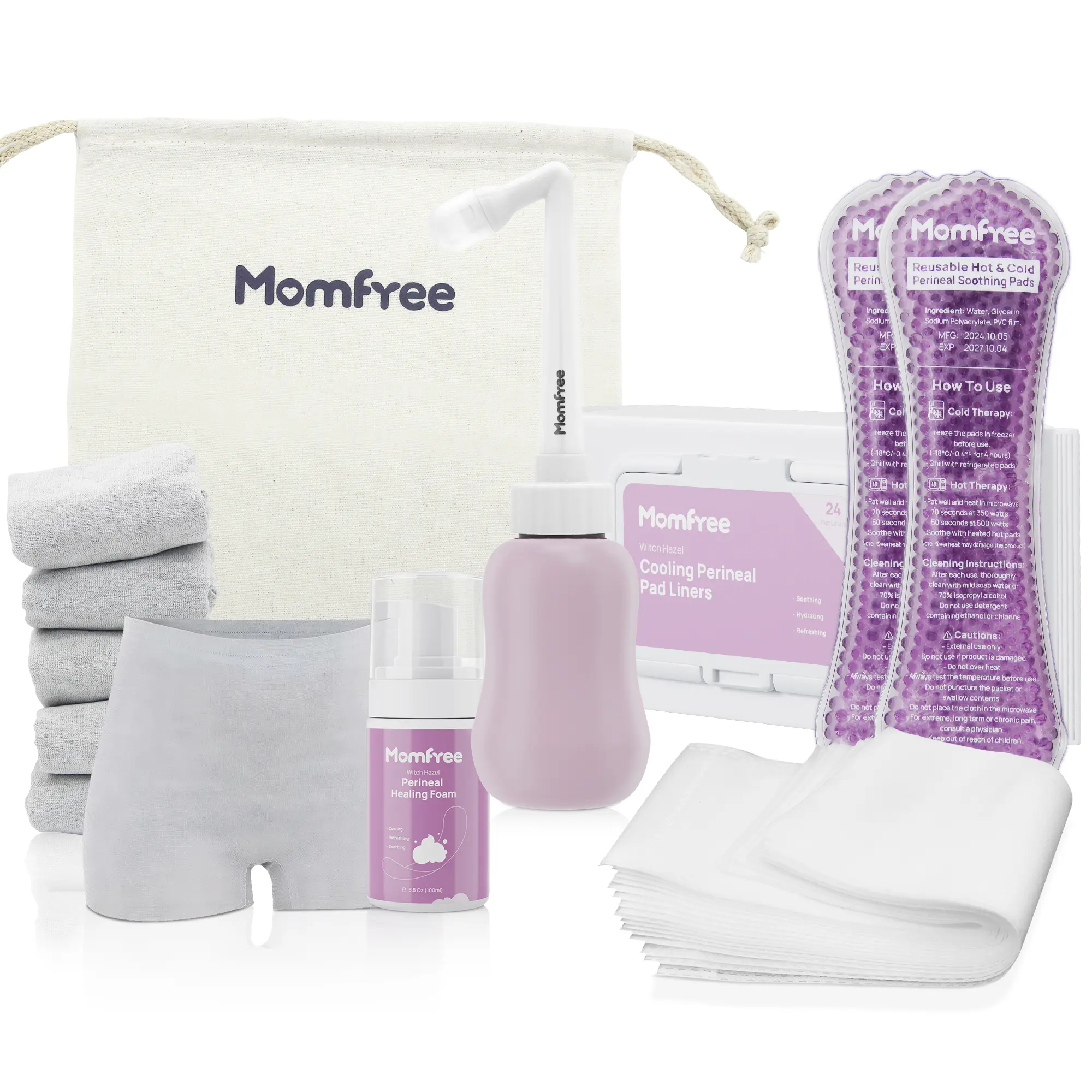 Baby Momfree Postpartum Recovery Essentials Kit Labor Delivery 7 Pack with Upside Down Peri Bottle XL Disposable Underwear Soothing Pads Perineal Healing Foam & Canvas Bag for New Moms Maternity Supplies Gentle Skin Care