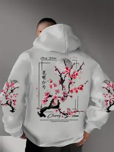 Cozy Oversized Japanese Cherry Blossom Floral Graphic Hoodie - Aesthetic Loungewear Hoodie for Home Relaxing & Streetwear Outfit, Soft Comfortable Fabric, Y2K Harajuku Style Moon & Flower Print Hoodie, Trendy Casual Wear for Daily/Home/Going Out