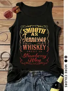Women's Smooth Whiskey Letter Print Round Neck Tank Top, Casual Sleeveless Top for Daily Wear, Ladies Clothes for All Seasons, Sleeveless Tank Tops, Socks