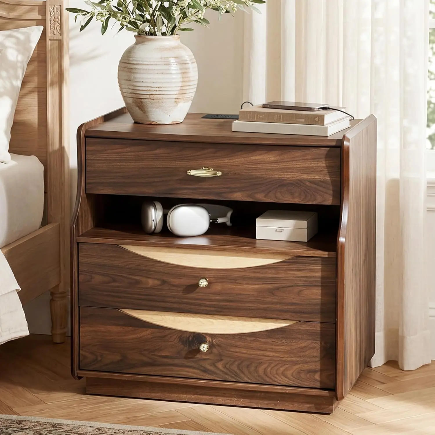 STO'SENSE 24" Wide Nightstand with Charging Station, Extra Large Night Stand with 3 Drawers, Oversized End Table with Open Storage, Bedside Table for Bedroom, Living Room (1, Walnut)