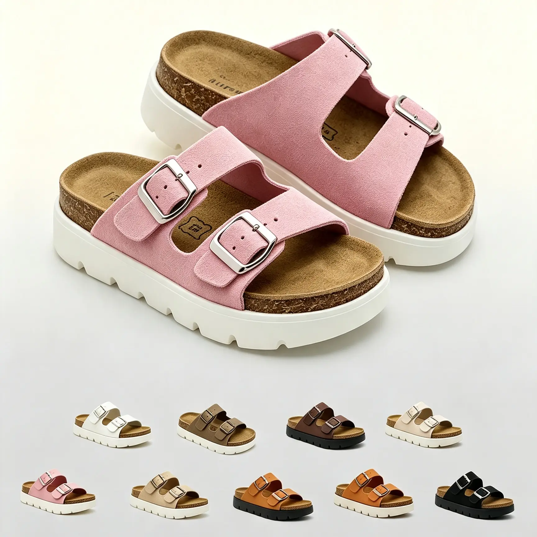 VINSHOECI Women's Minimalist Flatform Cork Footbed Slides - Adjustable Double Metal Buckle Decorated Sandals, Non-Slip Arch Support, Open Toe Casual Comfy Summer Shoes