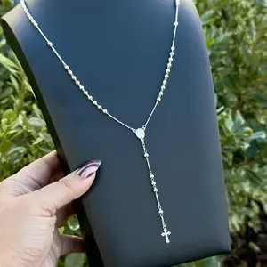 925 Sterling Silver Solid Rosary Necklace 24" – Lightweight Religious Cross Pendant, Unisex Daily Wear Gift