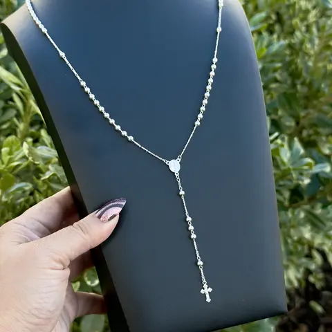 925 Sterling Silver Solid Rosary Necklace - 24-inch Minimalist Chain Necklace, Spiritual Cross Pendant, Unisex Adults Sleek Polished Lightweight Elegant Jewelry, Ideal for Daily Use, Thoughtful Gift