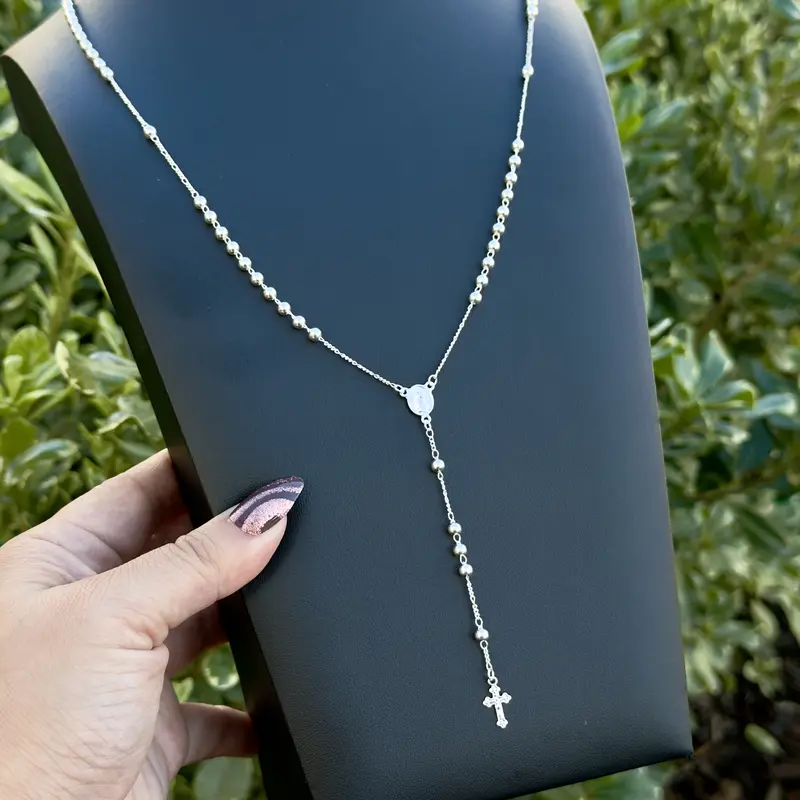 925 Sterling Silver Solid Rosary Necklace - 24-inch Minimalist Chain Necklace, Spiritual Cross Pendant, Unisex Adults Sleek Polished Lightweight Elegant Jewelry, Ideal for Daily Use, Thoughtful Gift