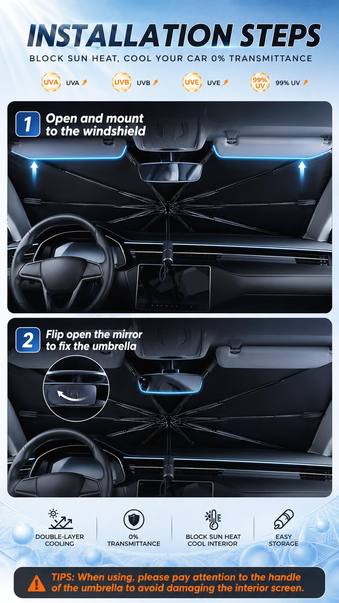 CARHOME Car Windshield Sun Shade - Car Accessories, Foldable Umbrella-Style Heat Shield with UV Protection, Reinforced Spring Edge, 55" x 31" Dashboard Protector