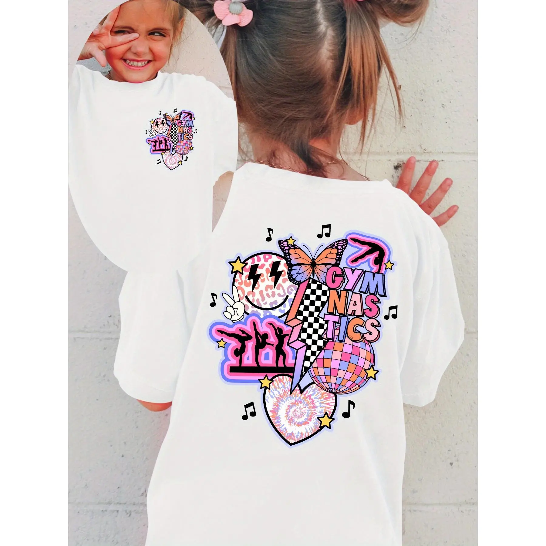 Girls' Fitted Cut Cotton Minimalist Neon Gymnastics T-Shirt - Short Sleeve, Round Neck, Double-Sided Graphic Print, Gymnastics-Themed Design Integrating Love & Gymnast, Summer Training Top for Gymnastics Practice/Daily Leisure