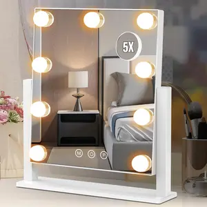 Mirror with Lights, Hollywood Lighted Makeup Mirror with 3 Color Lighting Modes and 9 Dimmable Bulbs, Detachable 5X Magnification,, 360°, White