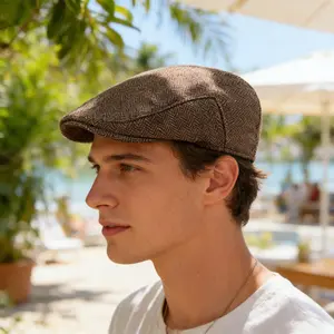 Herringbone Beret Cap for Men, Summer Outing Sun Protection Newsboy Cap, Coarse Tweed Imitation Wool Blend Beret, Vintage Sunshade Duckbill Cap