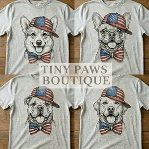 Patriotic Dog Shirt with American Flag Hat & Bowtie, Custom 25 Dog Breeds Graphic Tee, 4th of July USA Pride T-Shirt
