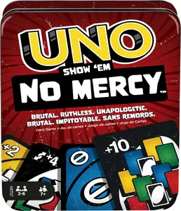 Mattel Games UNO Show ‘em No Mercy Card Game in Storage & Travel Tin for Kids, Adults & Family Night with Extra Cards, Special Rules & Tougher Penalties (Amazon Exclusive)