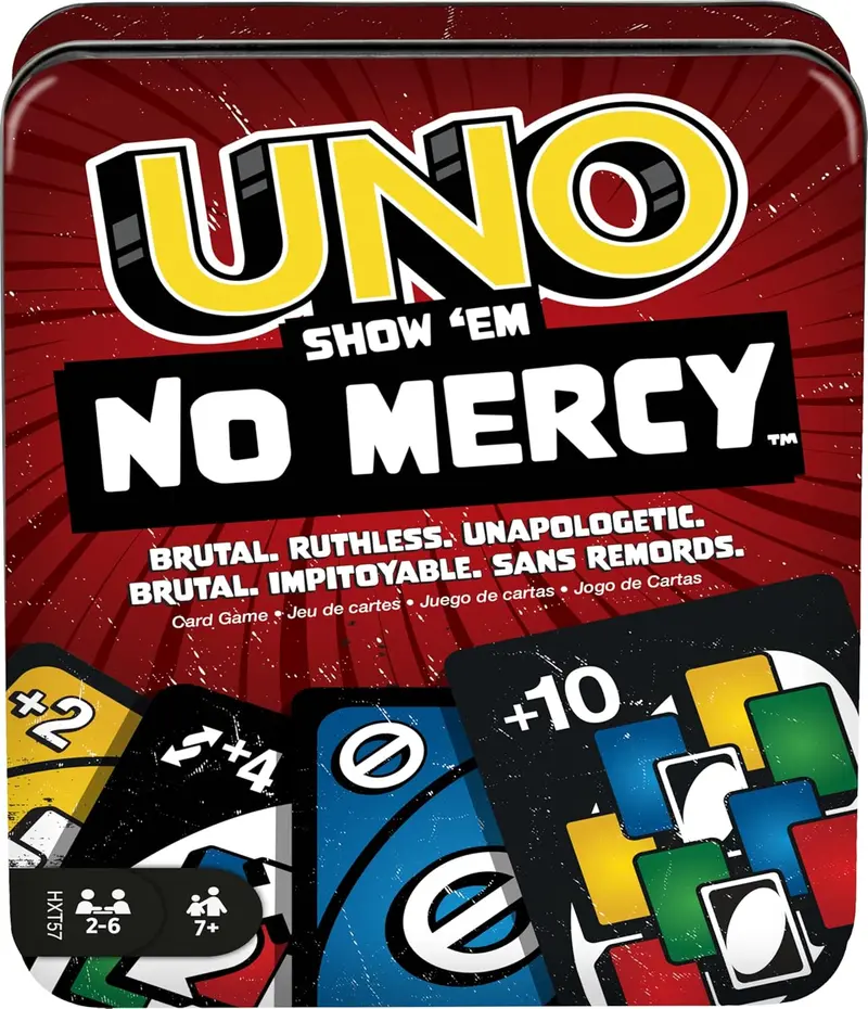 Mattel Games UNO Show ‘em No Mercy Card Game in Storage & Travel Tin for Kids, Adults & Family Night with Extra Cards, Special Rules & Tougher Penalties (Amazon Exclusive)