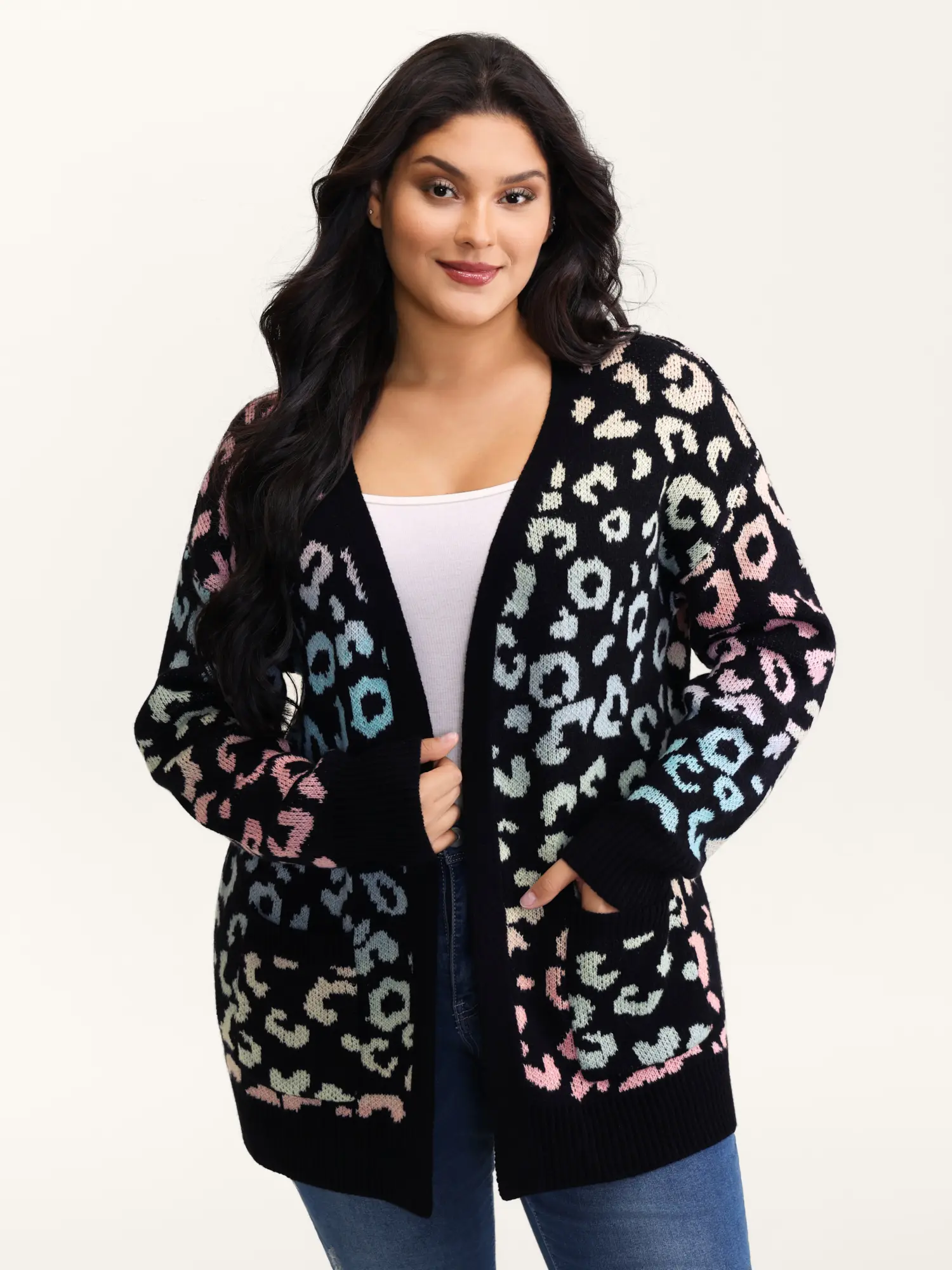 【 Pocket Approved 】 Bloomchic Colorful Leopard Print Open Cardigan - Black Base, Kimono Collar, Loose Fit, Long Sleeve with Patch Pockets, Polyester, Fabric Womenswear Garment Swimweek,Summerfinds Knitwear