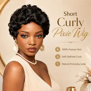 100% Human Hair Short Curly Pixie Wig for Black Women, Natural Black Finger Wave Wig with Defined Curls, Glueless Vintage Style Natural Looking Everyday Wig