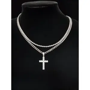 Summer Street Rhinestones Decor Cross Pendant Necklace & Cuban Chain Necklace, 2 Counts Trendy Women's Summer Accessories Fall 2024, Matching Chic Necklaces for Anniversary Gift, Iced Out Cross Jewelry Necklace