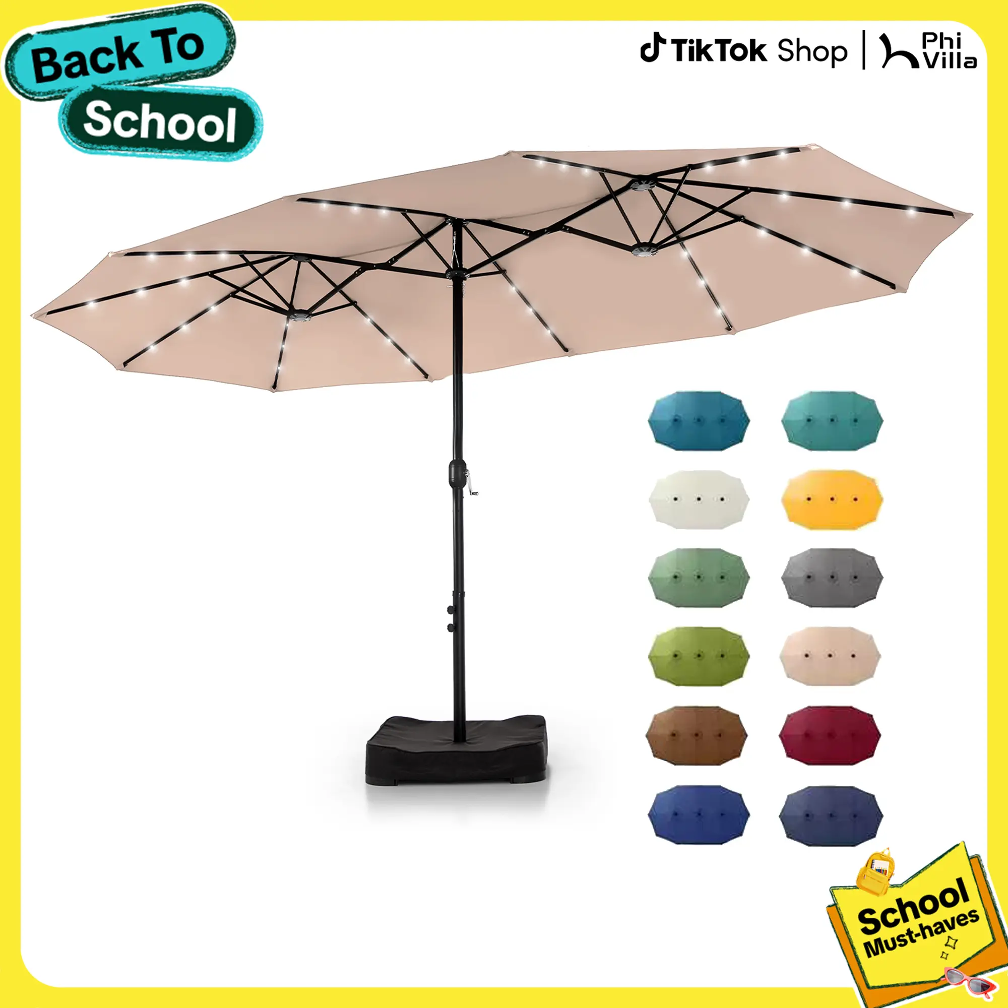 PHIVILLA 15ft Large Outdoor Patio Umbrella with Base – LED Light Option, Double-Sided, Crank Handle, Waterproof，Comes with Weighted Base and Sandbag, Accommodates 10 People, Great for Poolside, Garden, Lawn, Backyard, Deck and Beach