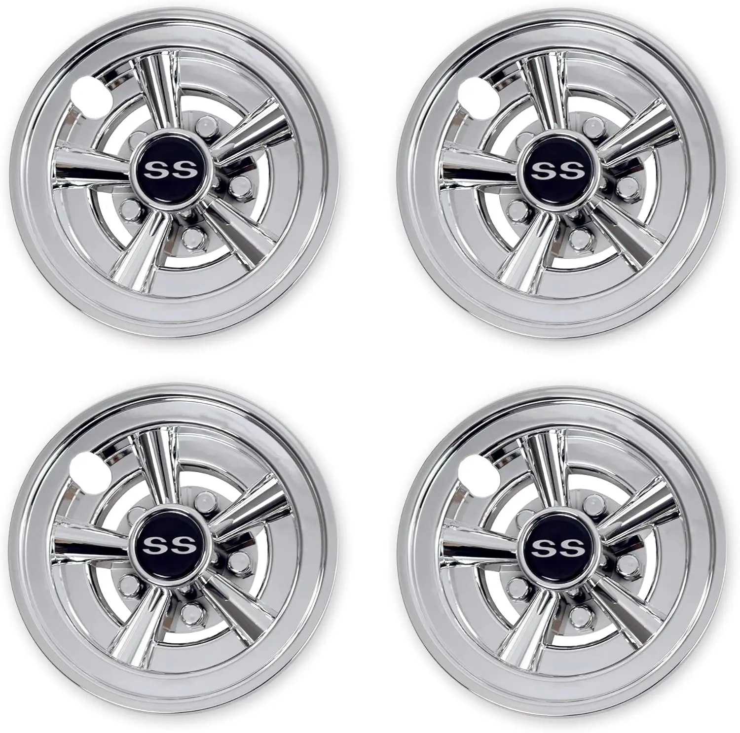 High Quality Chrome Look SS 5-Spoke Golf Cart Wheel Covers, 8-in Click-On Fit Hub Caps, Easy Install (Set of 4)