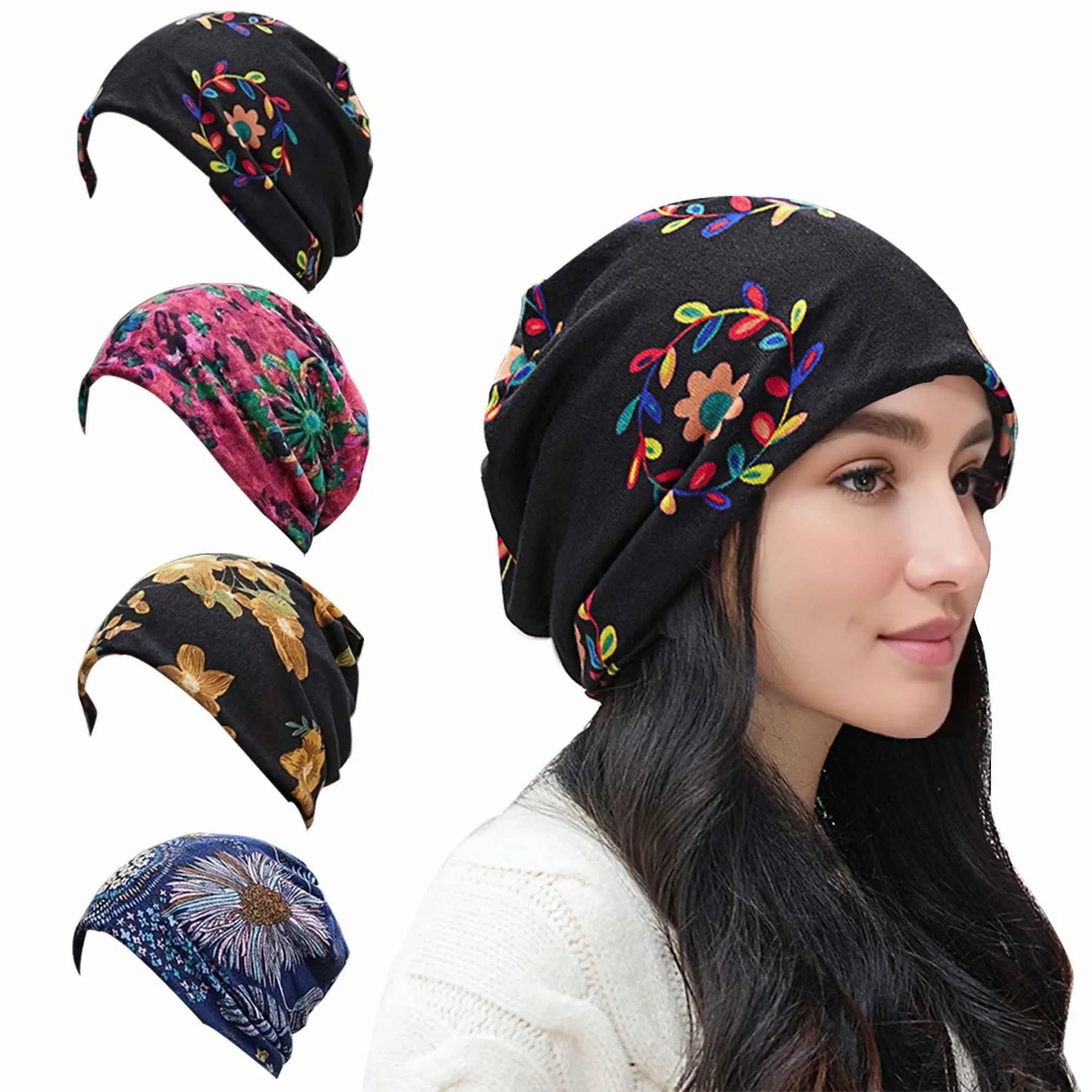 4PCS headwear beanie cap hat for women chemo, slouchy ponytail hat beanie, rave scarf neck facemask gaiter, winter hippie floral head wraps, fashion boho hair accessories cancer care gifts