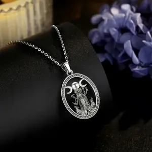 Hecate Goddess Necklace, Silver Tone Oval Pendant For Unisex Wiccan Witch Jewelry Daily Wear And Spiritual Protection Amulet