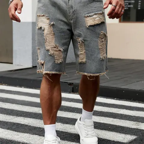 Men's Plain Ripped Distressed Frayed Hem Denim Shorts, Loose-Fit Menswear Streetwear for All Seasons, Perfect for Casual Outings, Commute & Vacation, Emo Aesthetic Style