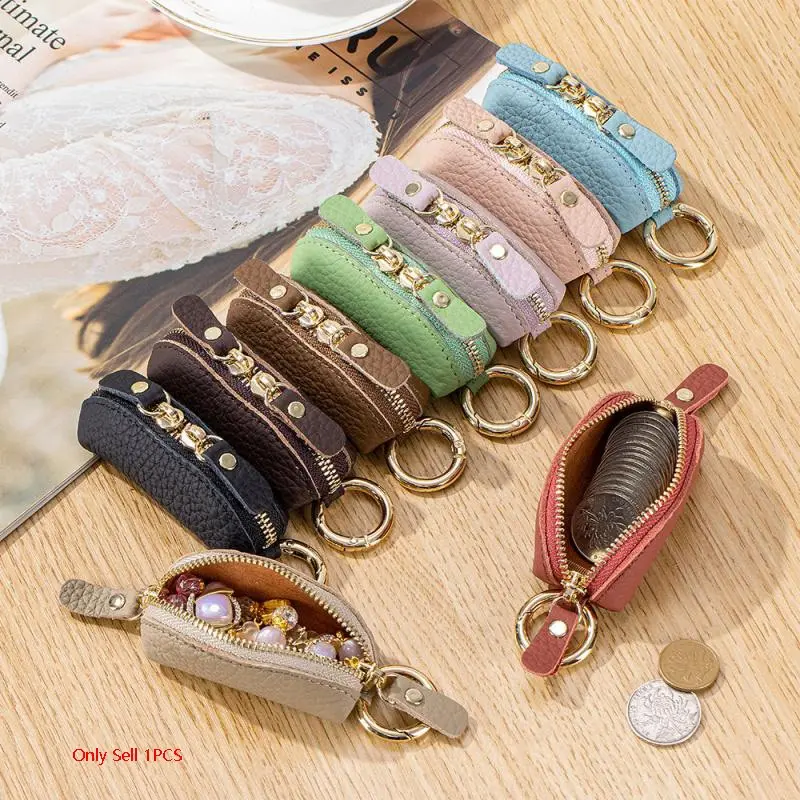 Compact Zippered Coin Pouch, Portable Keychain Coin Purse, Genuine Leather Mini Storage Bag, Full Grain Leather Coin Pouch, Coin Wallet - Travel Small Coin Purse with Zipper - Mini Key Pouch Change Purse for Women and Men