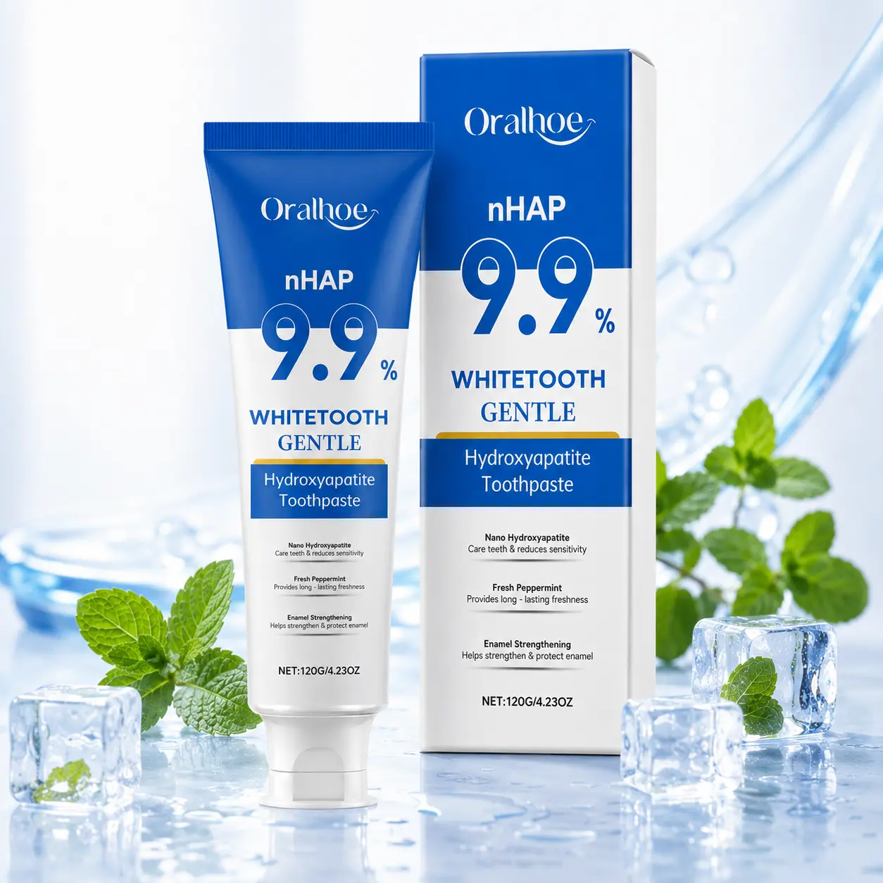 Hydroxyapatite Toothpaste with 9.9% nHAP, Peppermint Oral Care Formula for Daily Cleaning, Fresh Breath and Brighter-Looking Teeth, 120 g