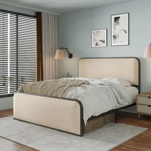 Modern Metal Bed Frame with Curved Upholstered Headboard and Footboard Bed with Under Bed Storage, Heavy Duty Metal Slats, Queen / King  Size, Beige