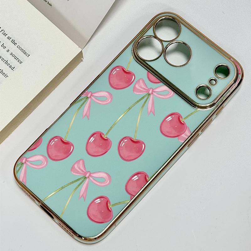 Juicy Pink Cherry Illustrations Phone Case Adding A Touch Of Fresh Romantic Charm To Your Daily Device Premium 6D Solid Color Electroplated With A Smooth Glossy Metal-Like Finish l For Iphone 17 16 15 14 13 12 11