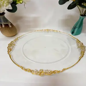 JIT 40 pcs Gold Clear Charger Plates,Round Plastic Reef Plate Chargers for Dinner Plates,Christmas Wedding,Party Elegant Decoration Place mats 13inch/33cm