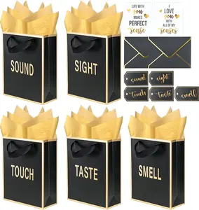 Gold Foil 5 Senses Gift Bags (9x7x3.2 in, Black) with Tissue Handles, Labels, Envelopes & Cards for Him/Her, Ideal for Birthday, Anniversary