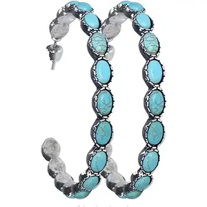 Western Earrings Boho Turquoise Oval Drop Dangle Earrings for Women Beaded Western Flower Teardrop Earrings Vintage Ethnic Alloy Pendant Jewelry Gift