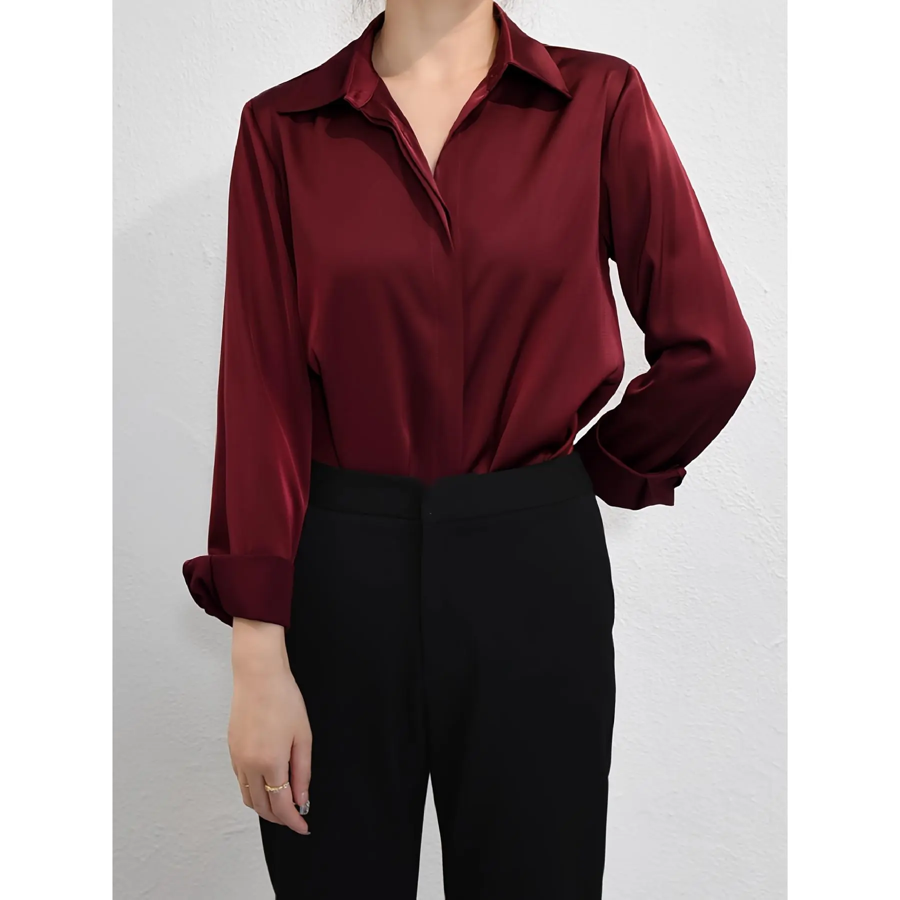 Elegant Women's Satin Long Sleeve Shirt - Burgundy Red, Collar, Smooth  Finish, Machine Washable, Perfect for Work or Casual Outfits, Office  Clothing | Versatile Fashion | Tailored Fit, Satin Blouse - TikTok Shop