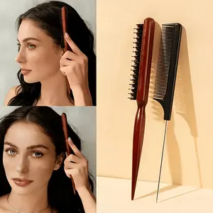 2-Piece Hair Comb Set, Includes Boar Bristle Brush & Metal Tail Comb, Ideal for Sectioning, Back Combing, Styling, Women's Daily Hair Care