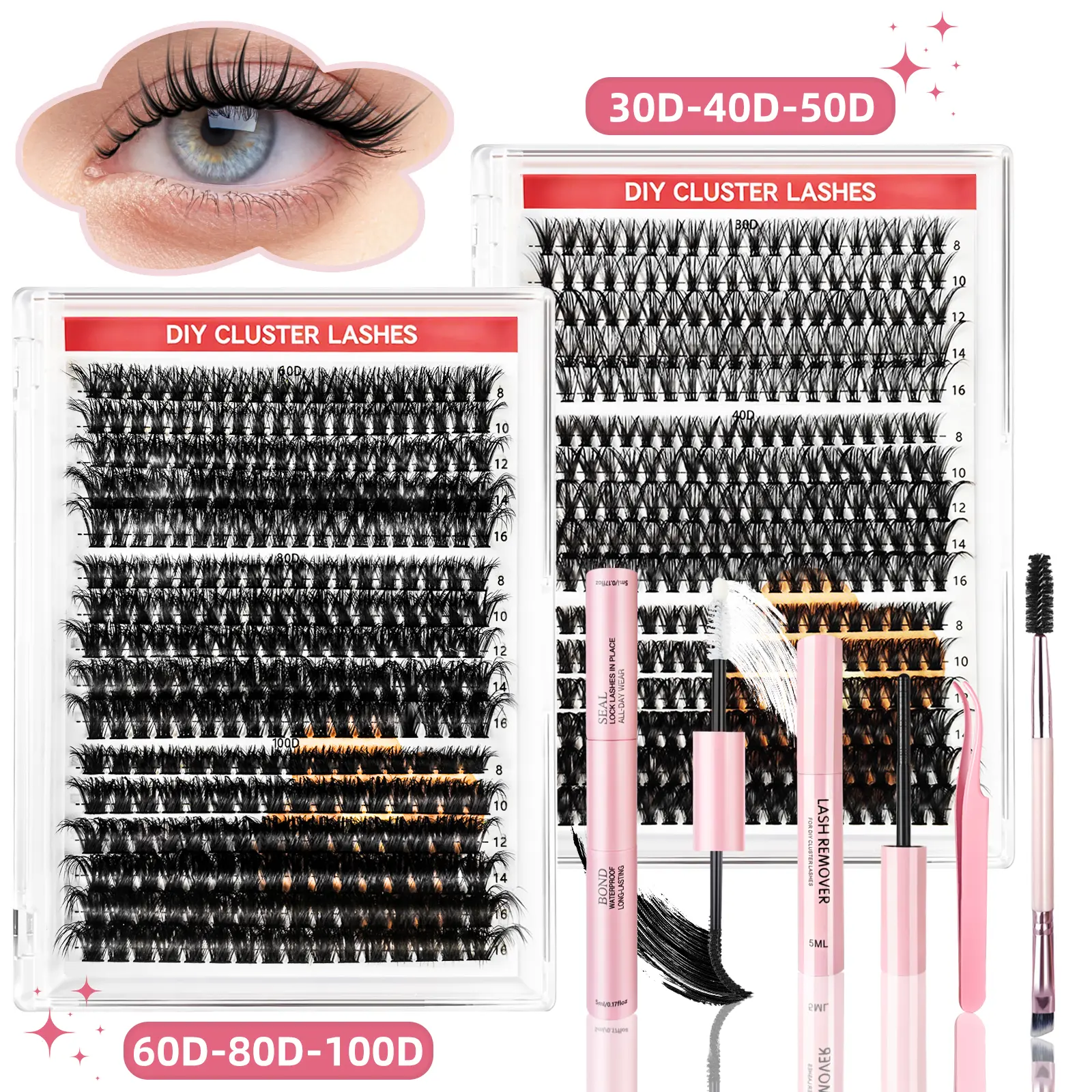 DIY cluster lashes， Lash Clusters Kit Natural Individual Lashes Wispy Eyelash Extensions 8-16mm DIY Lash Extension Kit Lash Bond and Seal Waterproof, Lash Applicator,  Eyelashes Kit