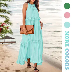 【ETCYY】Women's Loose Flowy Halter Boho Maxi Sundress – Summer Outfits with Ruffle Hem for Beach, Prom, or Casual Brenay Court Style – Sleeveless, Waisttrainer-Friendly, Light Blue Minimalist Basic Womenswear