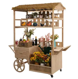 Vintiquewise QI004811 Light, Smooth Multi-Tier Wooden Rolling Display Storage Rack with Straw Roof, 2 Wood Wheels, Multifunctional Flower & Plant Shelf - Ideal for Festival, Wedding Stands