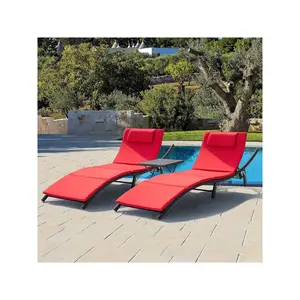 New 2024  Outdoor Chairs Set 3 Pieces Adjustable Chaise Lounge with Folding Table and Cushion for Garden Poolside Beach