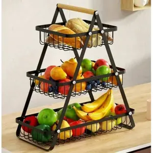 TAIMASI 2/3-Tier Metal Fruit Basket With Wooden Handles - Multi-Purpose Organizer For Kitchen & Bathroom | Stores Fruits, Vegetables, Bread & Pasta | Detachable Portable Design - Seasonal Pick For: • Labor Day Entertaining Prep