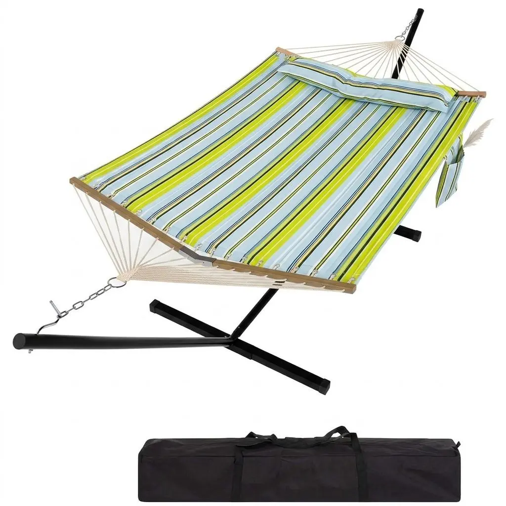 【Summer Sale】Twin Cotton Heavy-Duty Portable Hammock with Stand, 450 lbs Capacity, Adjustable Balance Rope, Anti-Rollover Design, Built-In Pillow, 2 Large Spaces, for Patio Backyard Relaxation Outdoor Furniture (Sports & Outdoor Camping Hammock)