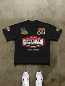 Men's Loose Fit Fashion Print T-Shirt, Vintage Racing Style Badge Pattern, Casual Daily Wear, Unisex, Youth College Streetwear Trend