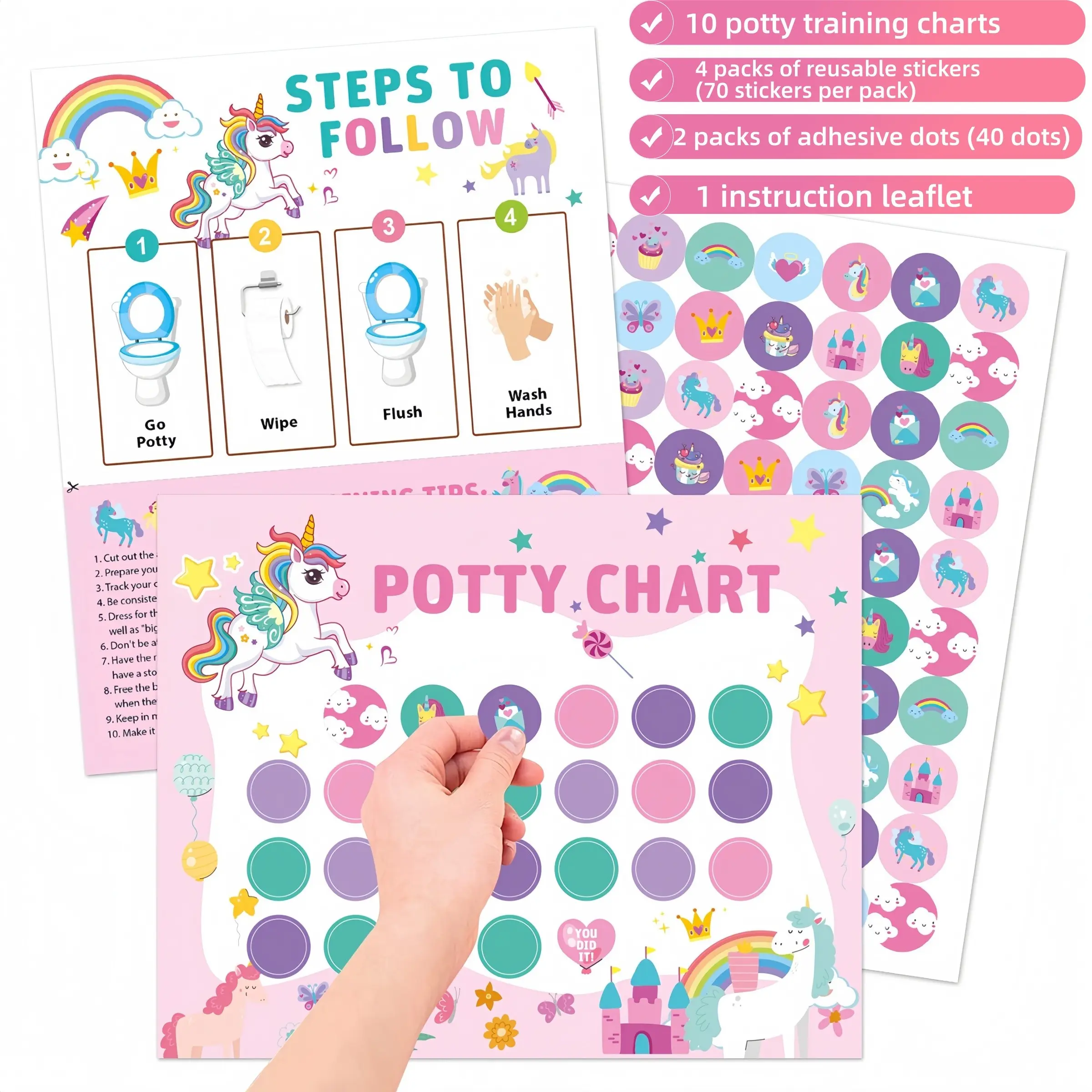 Potty Training Kit, Unicorn, Dinosaur, Farm Theme Stickers Chart, Self Adhesive Stickers, Assorted Decals, Illustration Stickers, Boy Girl Toilet Habit Formation, Potty Trainer