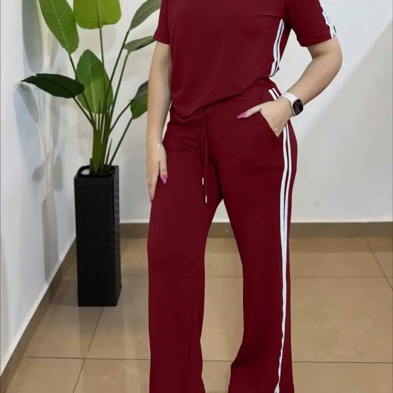 Women's Casual Striped Two-Piece Set, Top and Bottoms, Short Sleeve Top and Long Pants, Comfortable and Stylish for Everyday Daily Wear, Perfect for Relaxing Days