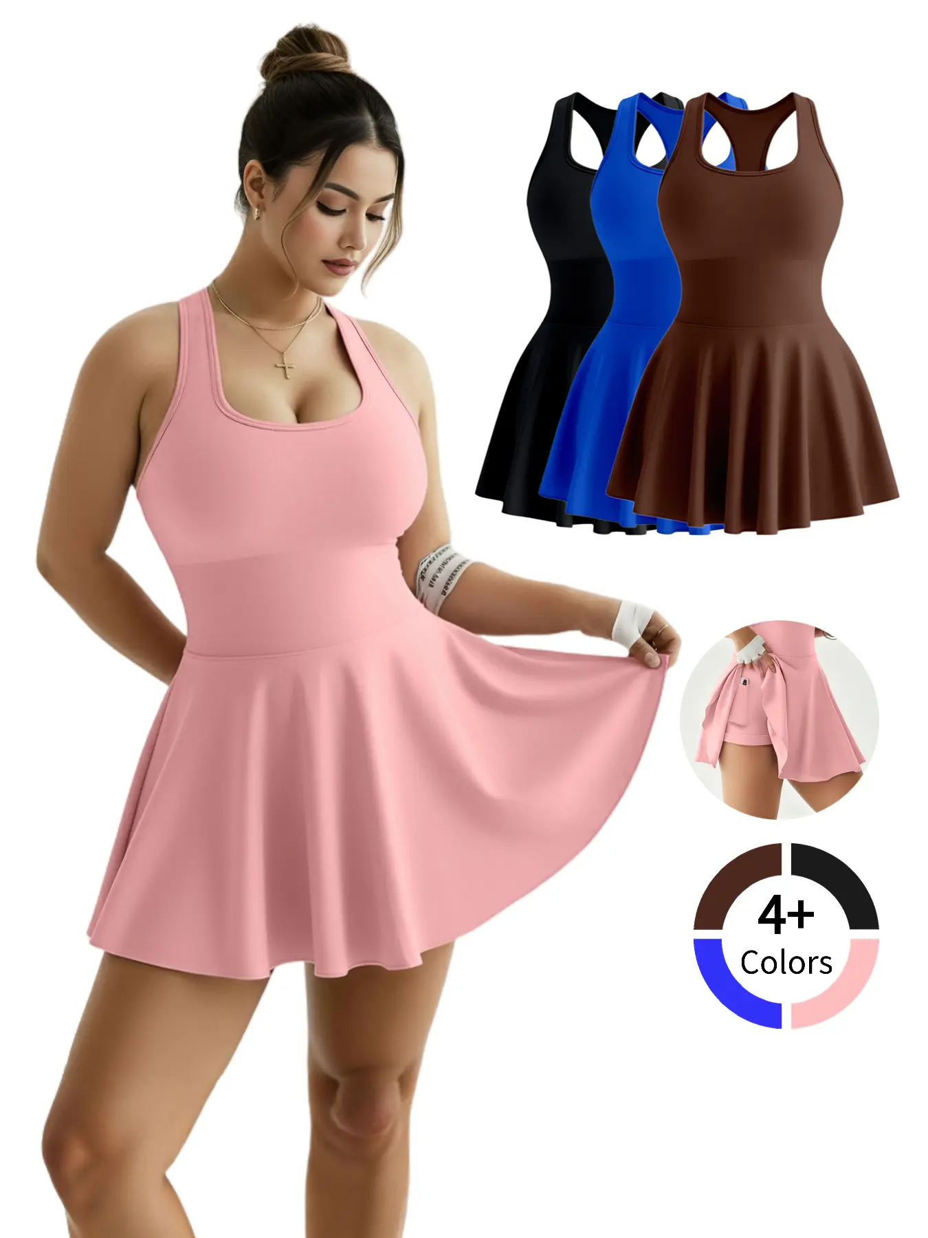 Women's Sleeveless Racerback Athletic Dress - Built-in Inner Shorts for Tennis, Golf, Workout Training & Casual Outfits